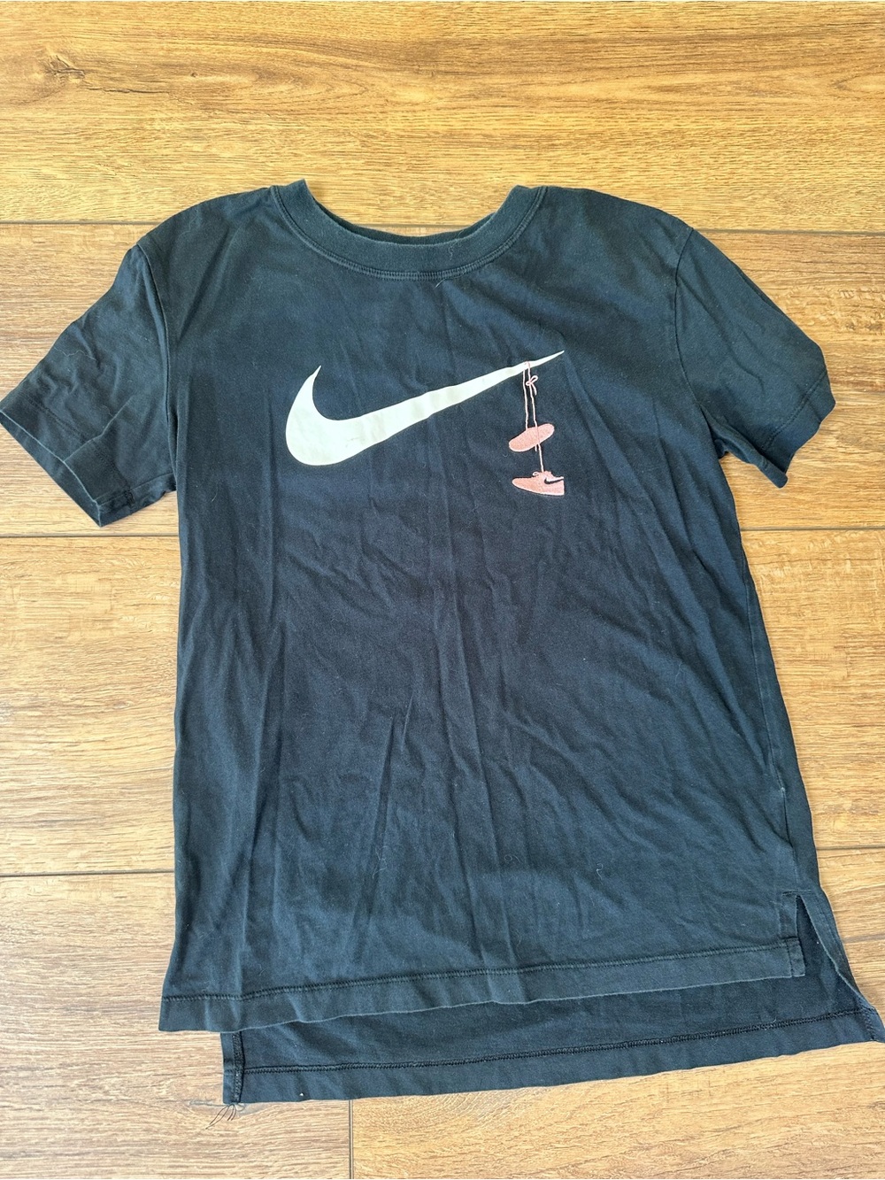 Nike Black Tee with White Swoosh and Pink Shoe Graphic